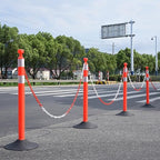 6-Set Pack 40" inch Red White Work Zone Chain Post Set, Traffic Delineator Post Cones, 6 x 6.6' Feet Plastic Chains, Portable Crowd Control Stanchion Set (Red-Rubber Base)