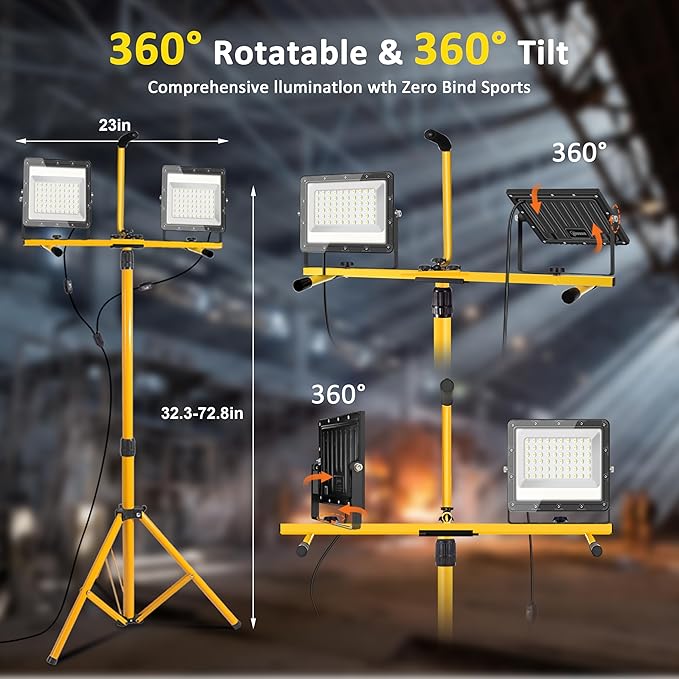 Work Lights with Stand 21000 Lumen, 2 Adjustable Heads Work Lights on Stand, with Adjustable and Foldable Tripod Light Stand for Outdoor Indoor Workshop Garage Construction Site Lighting
