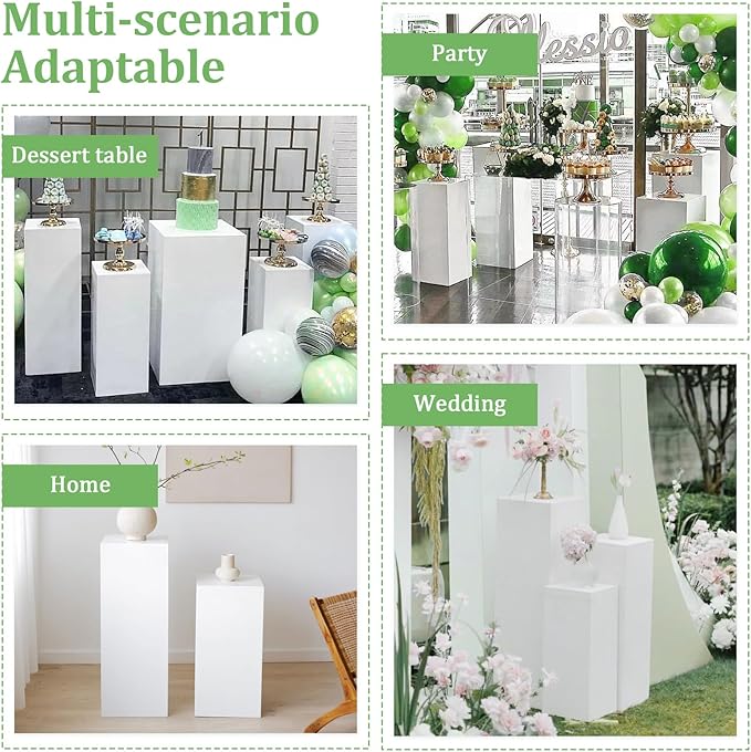 5Pcs Square Pedestal Stands for Party, Metal Display Plinth Pillars for Wedding Ceremony Birthday Party Art Decor---31.5*11.8''(L),27.6*10.6''(M),23.6*9.4''(S), 20.7*8.3"(XS), 17.7*7.1"(XXS)