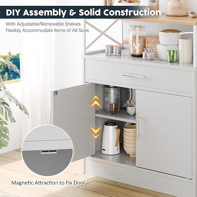 SUNLEI Farmhouse Buffet Sideboard with 2 Doors and 1 Drawer, Open Storage & Adjustable Shelf, Coffee Bar Cabinet for Kitchen/Laundry/Living Room, White
