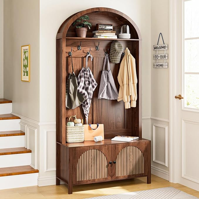 Hall Tree with Bench and Shoe Storage, 78.74" Entryway Storage Bench with 7 Hooks and 2 Adjustable Shelves,Arch Coat Rack Freestanding Retro Hall Tree Organizer for Hallway,Mud Room,Entryway (39.37"W)