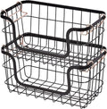 Amazon Basics Stackable Metal Wire Rectangular Storage Basket Set for Kitchen or Bathroom, 2 Count, Black