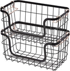 Amazon Basics Stackable Metal Wire Rectangular Storage Basket Set for Kitchen or Bathroom, 2 Count, Black