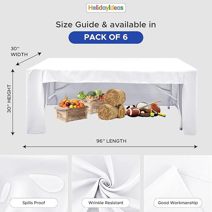 HolidayIdeas Open Back Fitted Tableclothss for 6 Ft Rectangle Table, Wrinkle Resistant Washable Table Covers 96x30 Inch for Craft Fairs, Banquets, Trade Show Display, White,6 Pcs