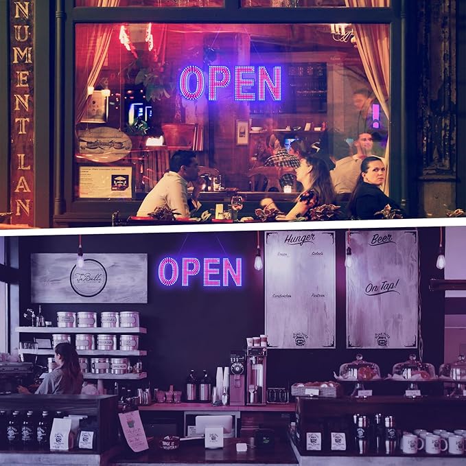 LED Open Sign for Business, 30"x10" Dimmable Brightness Large Electric Light Up Sign, Hanging Installation for Store, Bar, Pub, Hotel, Restaurant, Salon, Red and Blue
