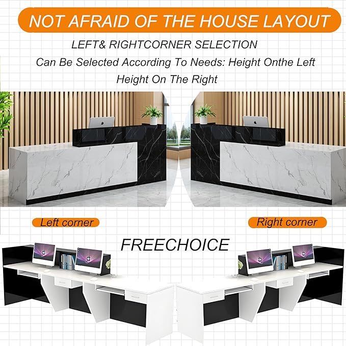 Wood Reception Desk Marble Stone with Checkout Retail Counter L Shaped Modern Mostrador para Negocio Office Desk Closed Front with Storage Drawers for Barber,Salon,Clothing Store
