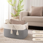 95L Extra Large Blanket Basket with Lid, 24" x 16.9" x 14.2" Woven Storage Basket for Living Room, Rectangle Nursery Blanket Storage for Toys, Towels, Dirty Clothes, Grey & White