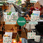 VENO 2 Pack Cooler Bag, Insulated Grocery Bags for Food Delivery, Collapsible Cooler, Reusable Shopping Bags for Groceries, Hard Bottom, Zippered, Foldable, Christmas Pattern (Jingle Mix, 2 Pack)