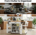 Gizoon Update Kitchen Island, 41.7" W Kitchen Island with Storage, Rolling Island Table on 5 Wheels, with Drop Leaf, Refrigerator Door, Adjustable Shelf, Spice/Towel Rack, Removable Tray, White