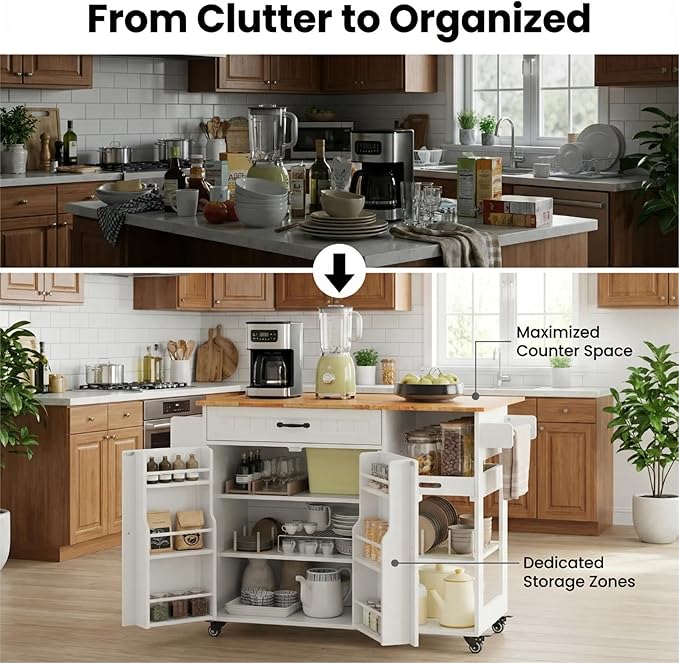 Gizoon Update Kitchen Island, 41.7" W Kitchen Island with Storage, Rolling Island Table on 5 Wheels, with Drop Leaf, Refrigerator Door, Adjustable Shelf, Spice/Towel Rack, Removable Tray, White