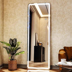 LED Rectangular Corner White Full Length Mirror - 16“ x 60” Brightness Adjustable, Touch Screen Control, Wall Mounted or Freestanding, for Bedroom Living Room Cloakroom Dressing Mirror