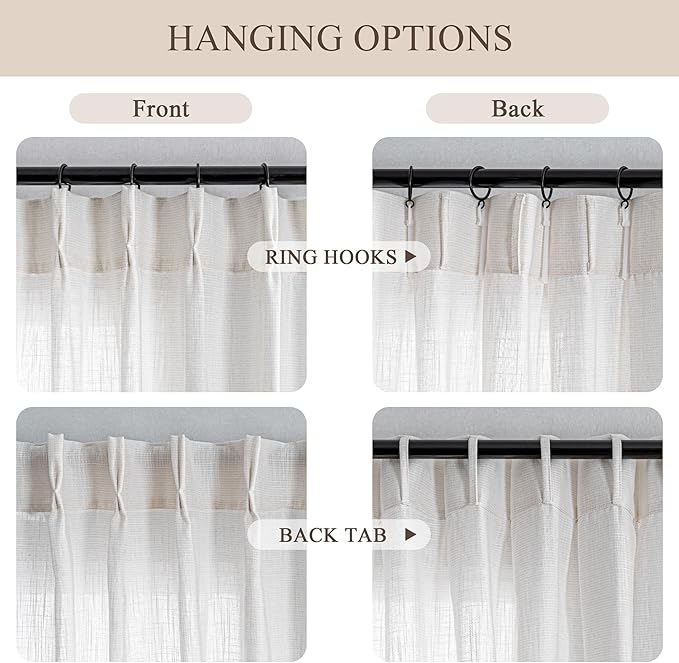 MYSKY HOME Extra Long Curtains for Living Room, 102 Inch Length Semi Sheer Curtains Soft Cotton Fabric Boho Window Drapes Light Filtering Backdrop Panels Pinch Pleated, 40 x 102 in, Natural, 2 Pieces
