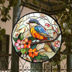 Stained Glass Window Hanging, Blue Bird Pink Flower Suncatcher Diamond Glass Panel Bird Sun Catchers Decor for Birthday for Women, Men, Wife, Aunt, and Mom 14.9x14.9 in