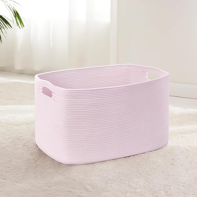 45L Small Baby Girls Laundry Basket for Nursery Storage,Cute Woven cotton Rope Baskets for Kids Toy，Gifts, Boho Square Wicker Blanket hamper for Living Room,Bedroom Dirty Clothes,Pink