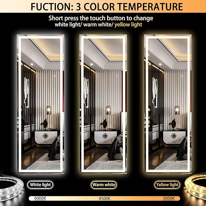 Hasipu Full Length Mirror with Lights, 58" x 18" LED Lighted Floor Standing, Full Body Dressing Hanging Mounted Mirror, Dimmable, Tempered Glass, Safe to Use, Square White