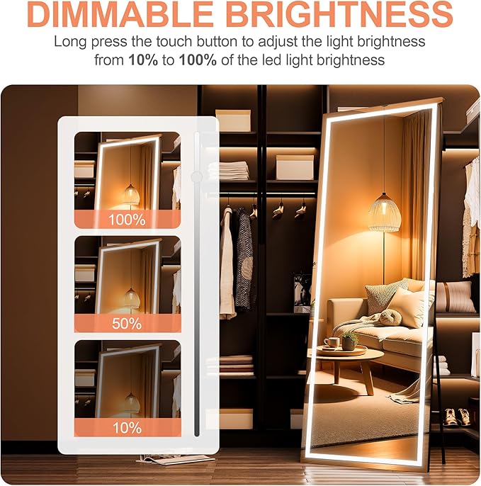 Full Length Mirror with Lights, 81" x 34" Large LED Lighted Floor Standing Body Mirror, Dimmable & 3 Color Lighting for Bedroom, Cloakroom, Dressing Room, Tempered Glass, Square Black