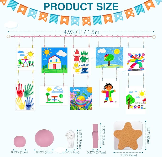 KOLLIEE Kids Artwork Display Art Wall Decor 4.93ft Boho Wooden Beaded Garland Collage Holder with Hanging Rings Wooden Stars Hook 40 Wood Clips for Kids Artwork Photo Room Bedroom Decor Pink