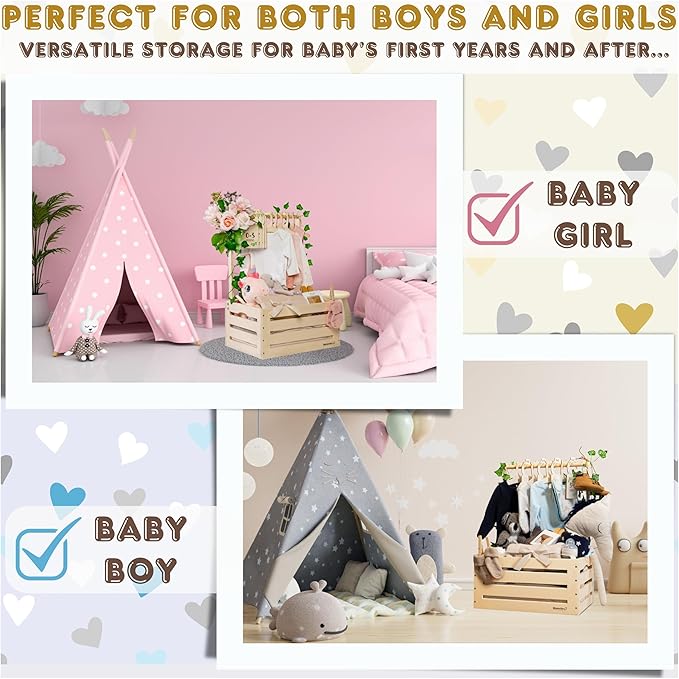 Wooden Baby Shower Crate Closet with Clothes Hangers & Dividers, Large Gift Basket for Boys & Girls, Wood Box Storage & Display with Handles & Ivy Garland, Welcome Gifts for New Parents