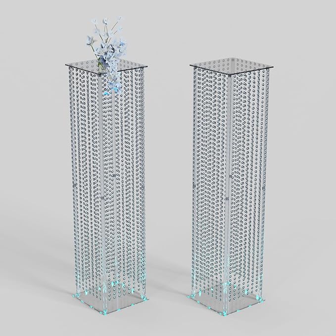 2-Pack 48" Wedding Pillars Columns, Clear Acrylic Flower Pedestal Stands with LED Lights & Crystal Beads, Decorative Wedding Columns for Ceremony, Party & Event Venues