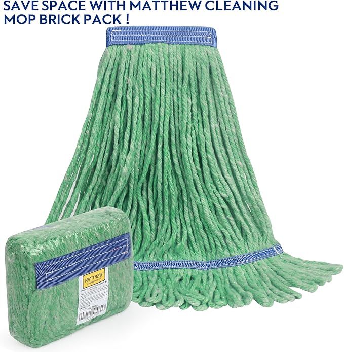 Matthew Cleaning Heavy Duty Mop Head Commercial Replacement for General and Floor Cleaning , Wet Industrial Blue Cotton Looped End String Head Refill (Pack of 12) Green