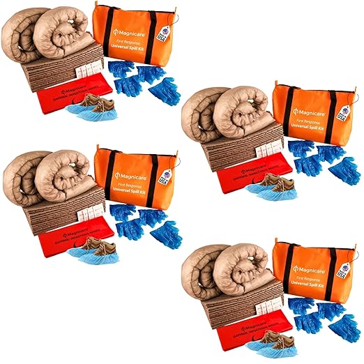 Universal Spill Kit OSHA Approved (4 Pack) - Biohazard Clean up Kit for Oil, Water & Chemicals | Absorbent Pads, Socks, PPE, Biohazard Bags in Bright Orange Duffel Bag - 4 Pack