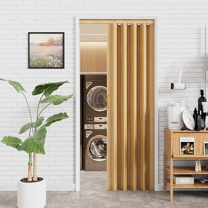 24-36 x 80in Enhanced Accordion Doors Interior Folding Door, PVC Accordion Door with Upgraded Roller & Handle & Complete Hardware, for Closet Bathroom Doorways - Oak
