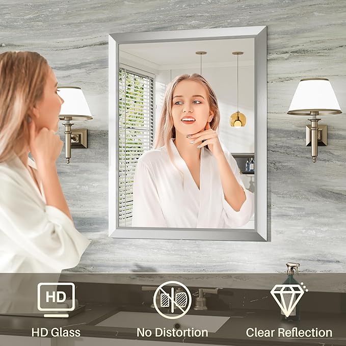 22x30 Inch Brushed Nickel Bathroom Mirror for Wall, Thick Metal Framed Rectangle Mirrors for Over Sink, Bedroom, Living Room, Entryway, Anti-Rust, HD Tempered Glass