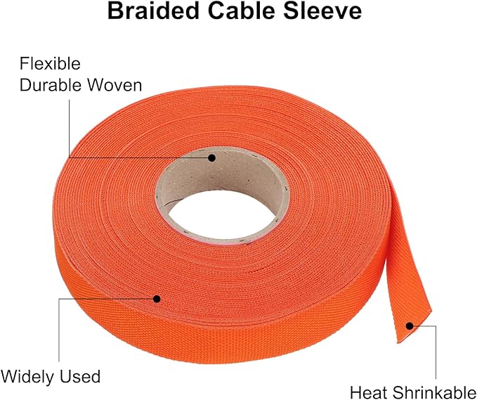 MECCANIXITY Braided Cable Sleeves Heat Shrinkable Fabric Sleeving, 5/8" 60ft Orange 2:1 Ratio Heat Shrinkable Cord Protector for Harness Cable, Network Cable Protection, Cable Management