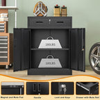 Metal Storage Cabinet, Locking Cabinet with One Drawer and Adjustable Shelf, 36" H x 28" W x 16" D Steel Storage Cabinet for Office, Garage, Home-Black