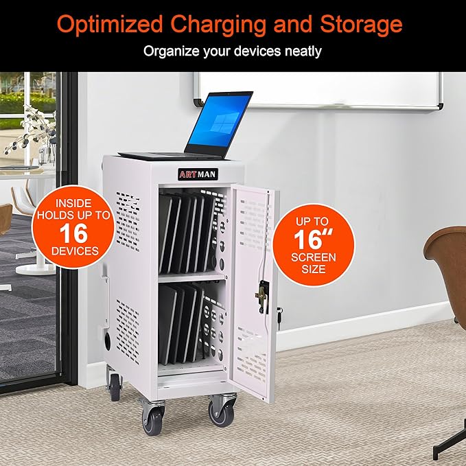 Laptop Charging Cart,16 Devices Tablet Storage Carts for pad Up to 16.3" Screen Size, Classroom Computer Mobile Charging Station for Pads, Chromebooks,Laptops, Security Storage(16 Bay-White)