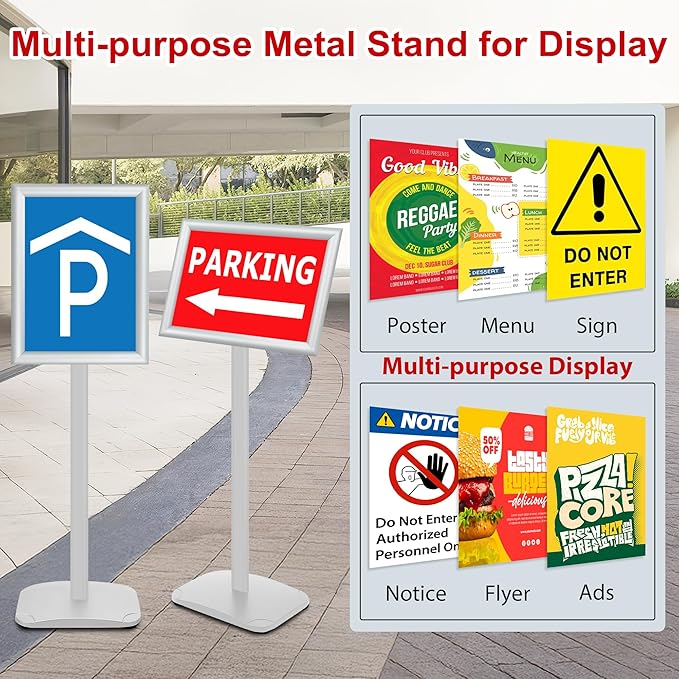 3 Pack Heavy Duty Standing Sign Holder 11x17 Inch - Pedestal Floor Sign Stand with Weighted Base - Vertical & Horizontal Poster/Menu Display Stands for Indoor/Outdoor Advertising, Silver