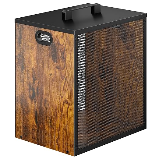 Office Garbage Can With Lid - Iron and Wood Combination Bedroom Garbage Can, Retro Industrial Style Trash Can with Handle, Rectangular Design Wastebasket for Home Office, 4.5 Gallon (Patent Pending)