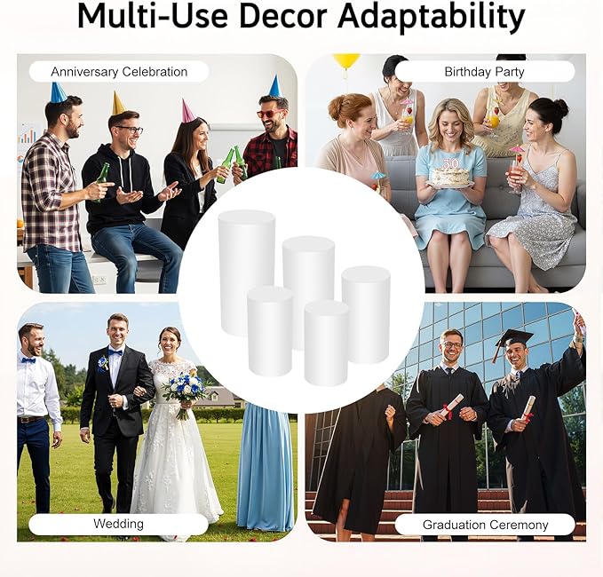 5 Pcs Metal Pleated Cylinder Pedestal Stands for Party, Cylindrical Dessert Display Stands, for Wedding Birthday Party 20'', 21.5'', 23.5'', 29.5'', 35.5'' H