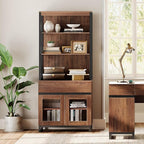 WAMPAT Modern 72" Tall Bookcase with Drawer and Open Book Shelfs, Library Book Shelf with Glass Doors Storage Cabinet, Wood Freestanding Bookshelf for Home Office, Living Room, Brown