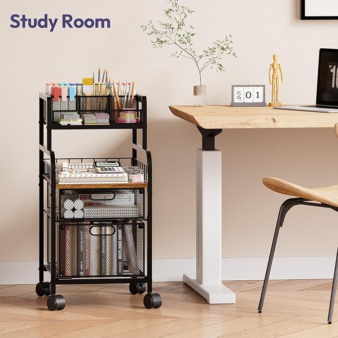 SWTYMIKI Rolling Cart with Drawers - Metal Utility Cart with Wood Shelf, DIY Divider and Locking Wheels, Craft & Art Cart Organizer for Under Desk Storage for Home Office Studio, Black