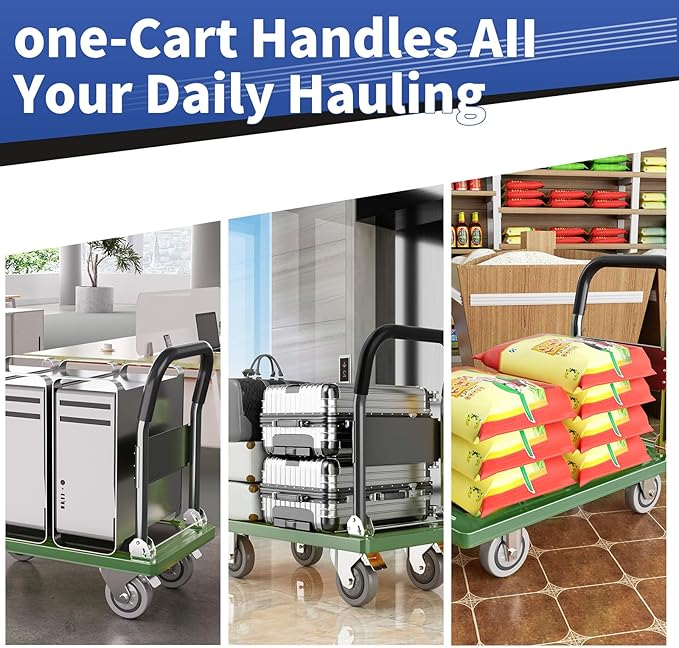 Upgraded Foldable Push Cart Dolly | 680 lbs. Capacity Moving Platform Hand Truck | Heavy Duty Space Saving Collapsible | Swivel Push Handle Flat Bed Wagon - Green