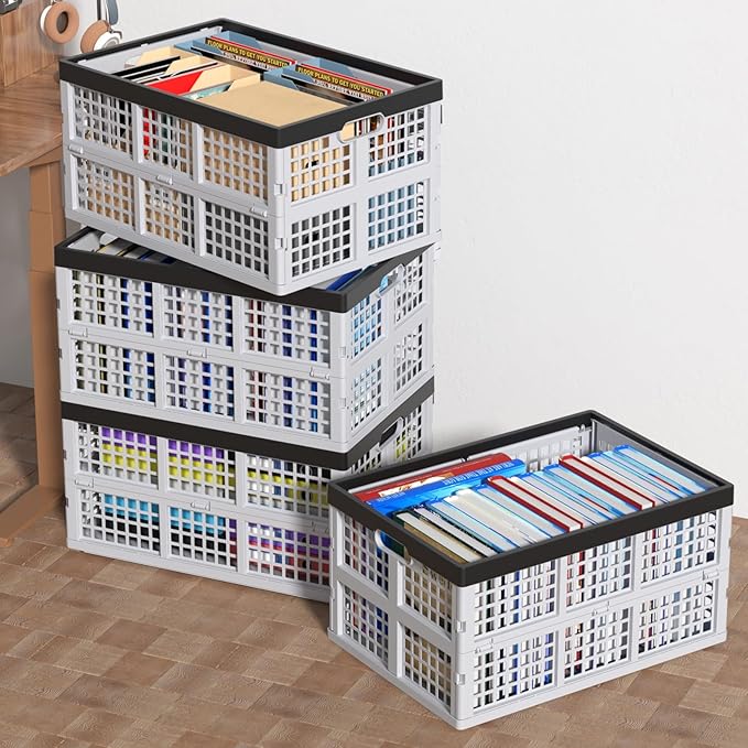 42 L Plastic Stackable Collapsible Storage Crate, 4-Pack Stacking Folding Storage Basket, Utility Crate Basket Containers