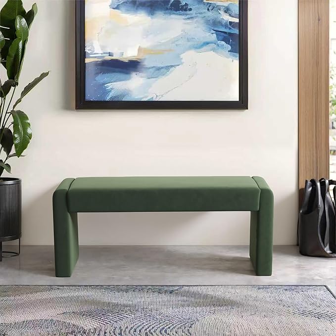 Velvet Entryway Bench End of Bed Bench Upholstered Modern Window Bench Comfy Ottoman for Dining Room/Bedroom/Living Room/Hallway/Indoor (Olive Green)