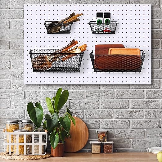 Sieral 4 Pcs Black Pegboard Baskets Metal Wire Shelf Baskets Peg Board Organizer Accessories Wall Mount Organizer Attachments for Garage Workbench Various Tool Accessories, 2 Sizes (Small, Large)