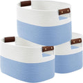 Cotton Rope Basket, Storage Baskets with Handle, 15x10x9 Inch Woven Basket for Shelves, Laundry, Towels, Clothes, Books (White/Blue 3Pack)
