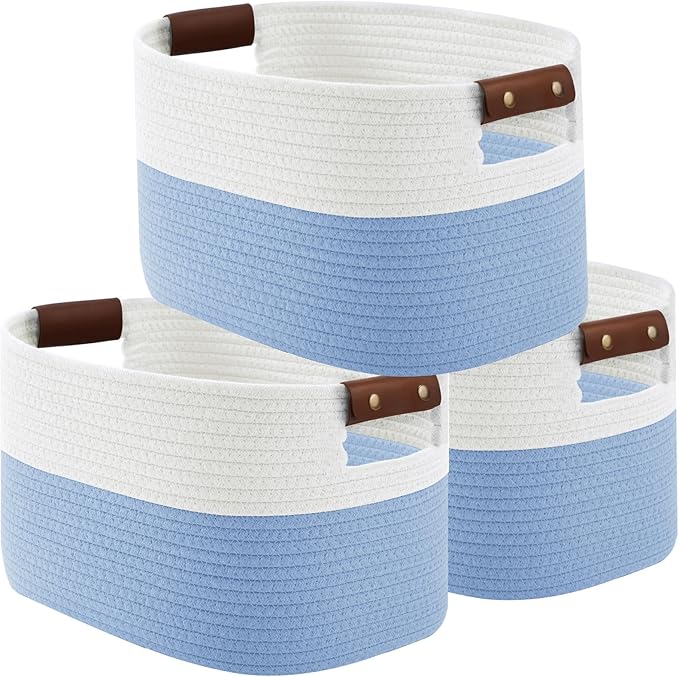 Cotton Rope Basket, Storage Baskets with Handle, 15x10x9 Inch Woven Basket for Shelves, Laundry, Towels, Clothes, Books (White/Blue 3Pack)