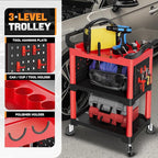 Auto Dynasty 3-Level Rolling Cart Trolley Storage Detailing Cart with Cup Holders Pegboard 120 kg/260 Lbs Capacity on Wheels Fits Garage, Warehouse, Home and Workshop, Black/Red