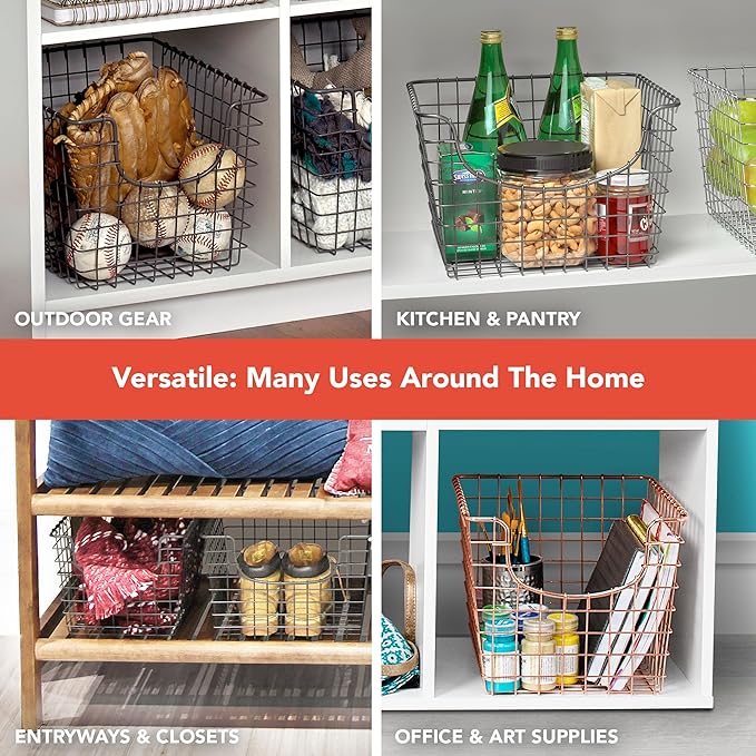 Spectrum Diversified 98977 Scoop Wire Basket, Vintage-Inspired Steel Storage Solution for Kitchen, Pantry, Closet, Bathroom, Craft Room & Garage, Single, Satin Nickel