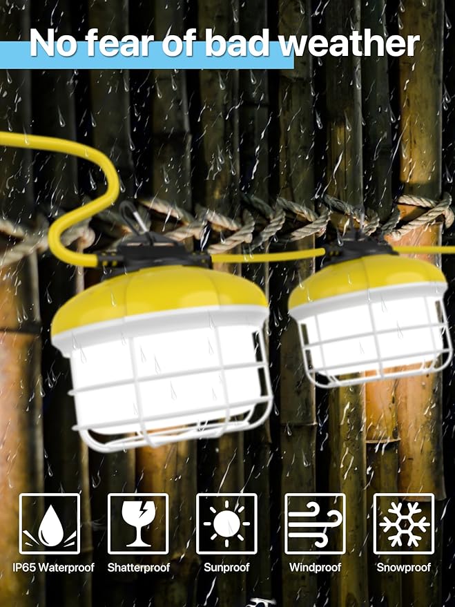 HYPERLITE Construction String Lights 100FT: 10 Bulbs String Work Lights with Climbing Hooks - IP65 Waterproof Linkable LED String Lights for Job Site Attic Renovation Crawlspace Lighting
