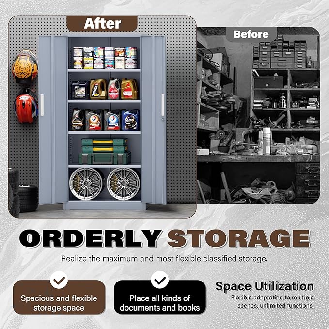 Incbruce 72” Metal Storage Cabinet, Locking Steel Storage Cabinet with 2 Doors and 4 Adjustable Shelves, Tall Lockable Tool for Garage, Home, Office (Cement Grey)