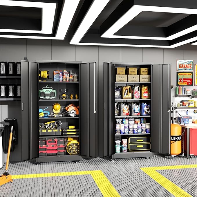 Greenvelly Metal Storage Cabinet with Wheels, 73" H Garage Storage Cabinet with 4 Adjustable Shelves and Locking Doors, Garage Rolling Storage Cabinets for Home, Warehouse, Garage, Black