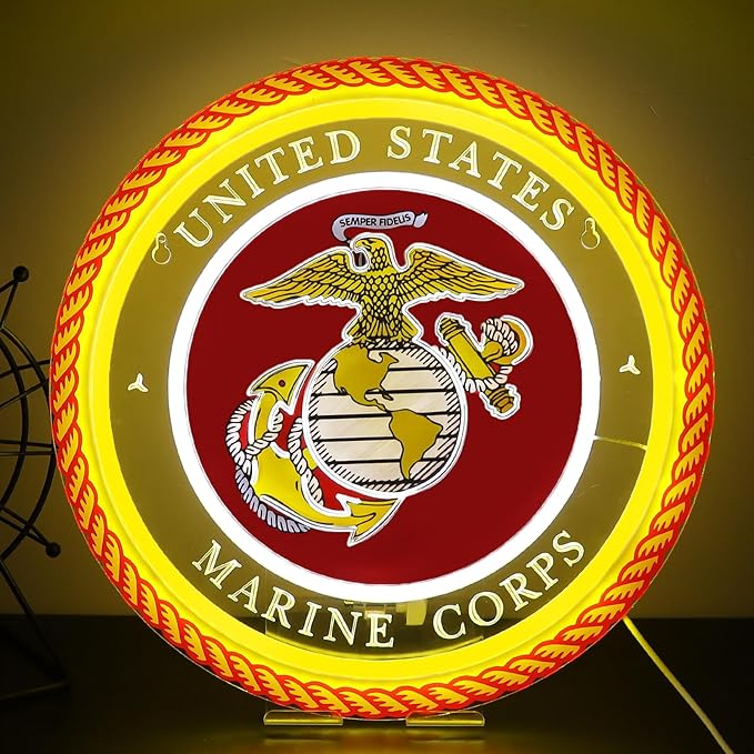 Marine Corp Neon Lights Veteran Neon Signs Wall Decor for Man Cave Bedroom Bar Army Themed Gift Art for Christmas Party-12.6×12.6 IN-USB Powered-Acrylic