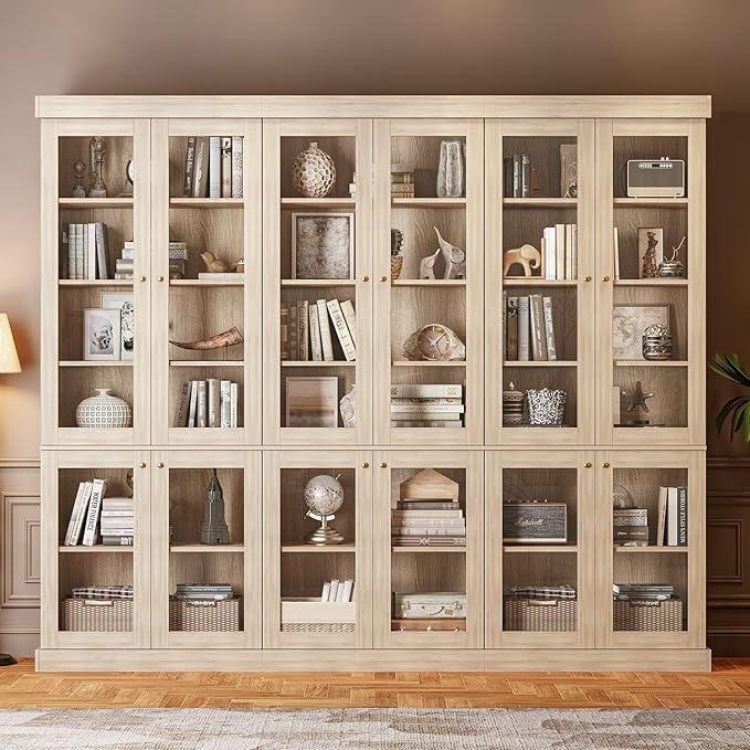 Vyre 70.8" Tall Brown Bookshelf with Glass Doors, Farmhouse Modular Bookcase with 6-Tier Adjustable Shelves, Large Storage Cabinet for Home Office, Living Room, Set of 3
