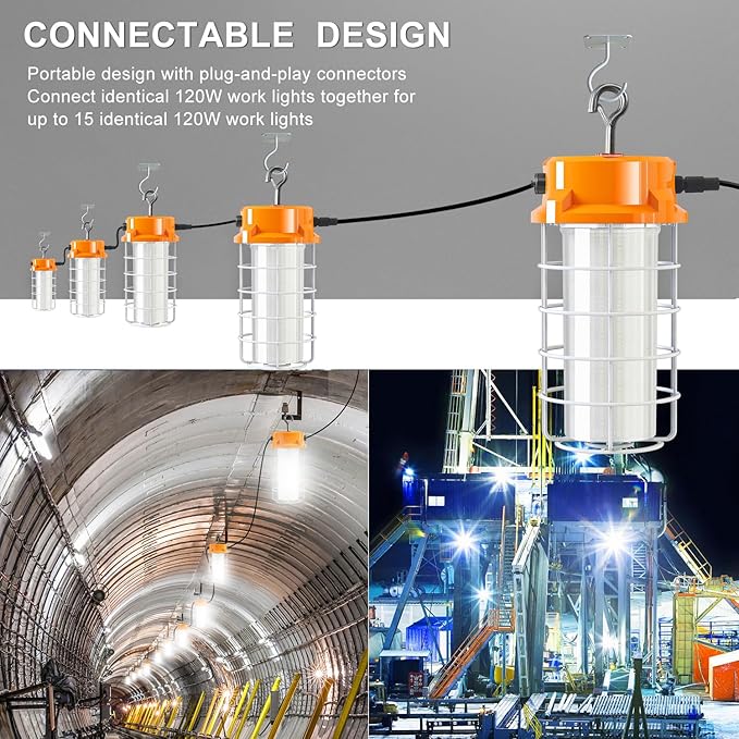 120W LED Temporary Work Light 18000Lm 5000K Daylight White Portable Hanging Construction Lighting Led High Bay Light for Workshop Mine Job Site Lighting
