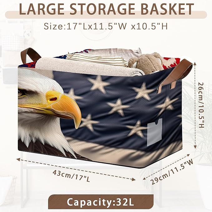 Eagle American Flag Storage Basket Large 17x11.5x10.5 Inches - Patriotic Collapsible Organizer Bin with Handles for Home,Closet,Toys - Foldable Decorative Hamper with USA Flag Design - Single Pack